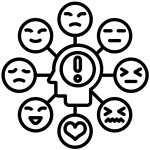 Une tête avec un point d'exclamation et les diverses émotions autour pour illustrer les symptômes émotionnels