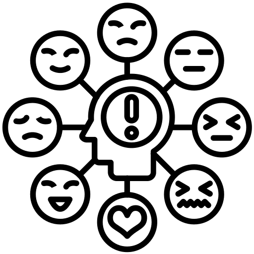 Une tête avec un point d'exclamation et les diverses émotions autour pour illustrer les symptômes émotionnels