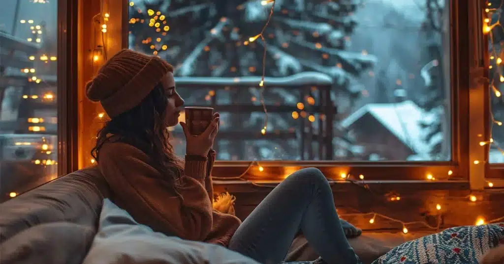 femme regardant la neige par la fenêtre, symbolisant le calme intérieur retrouvé pendant les fêtes