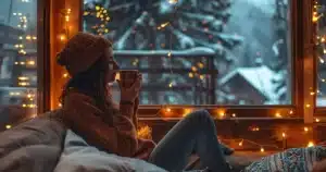 femme regardant la neige par la fenêtre, symbolisant le calme intérieur retrouvé pendant les fêtes